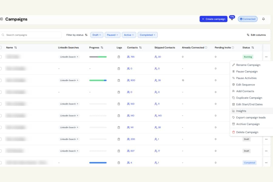 Open Campaign Insights from the campaigns list screenshot