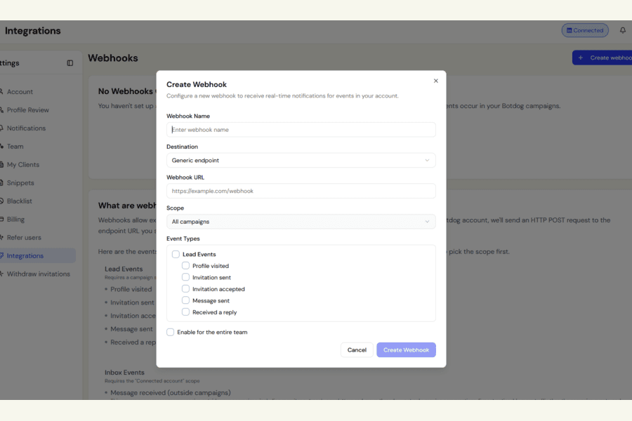 Webhooks: campaign-specific webhooks can be created again, and payloads carry the public LinkedIn URL screenshot