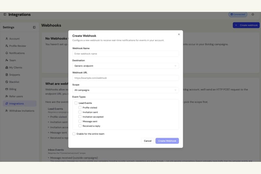 Webhooks: payloads now carry the name and URL you imported, plus a permanent LinkedIn id screenshot