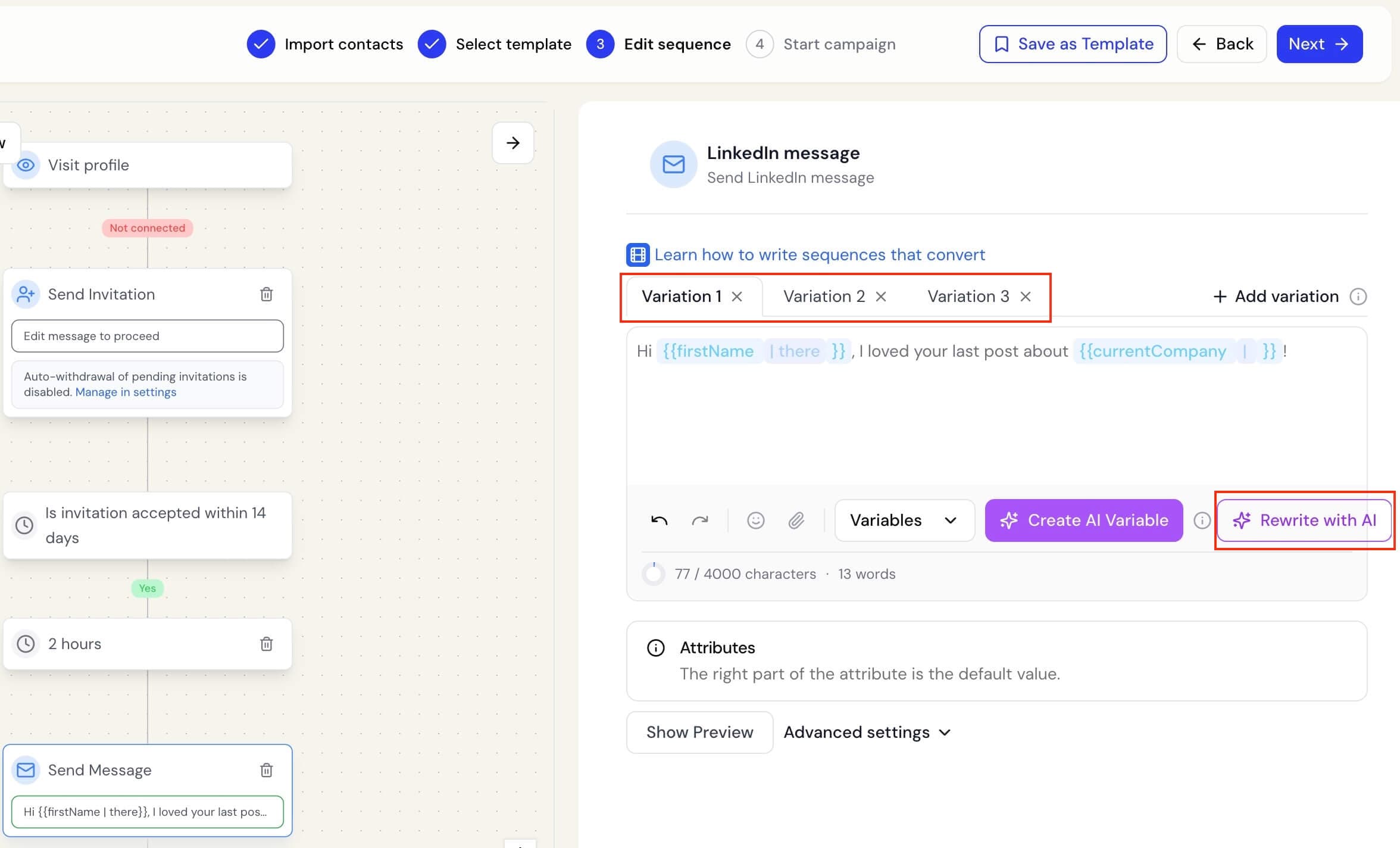 Message Variations and Rewrite with AI