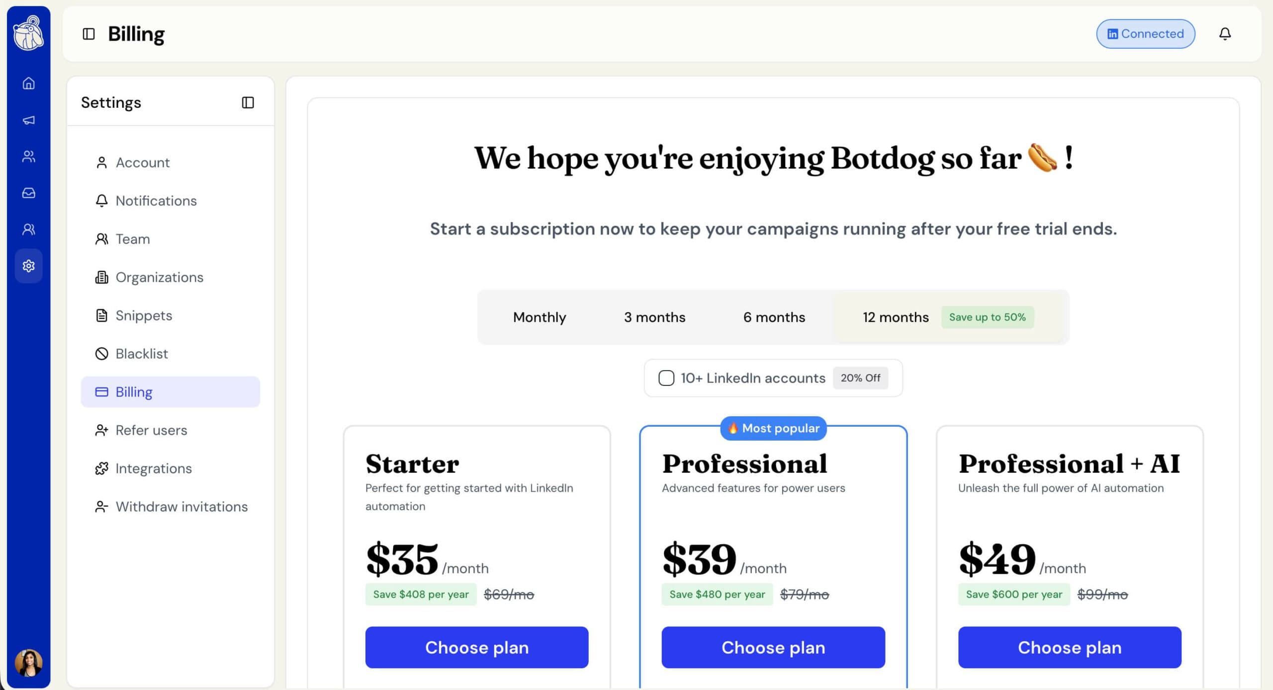 Manage Your Subscription, Payment, and Invoices Directly Inside BotDog screenshot