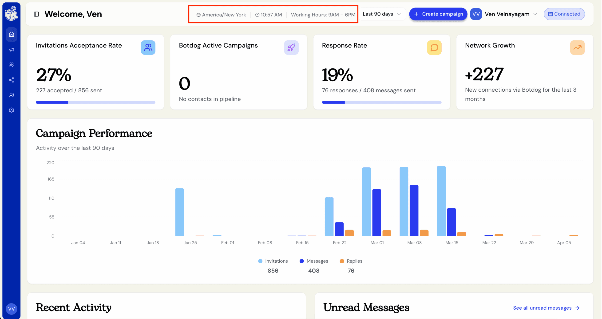 Dashboard: Your timezone and working hours, front and center screenshot