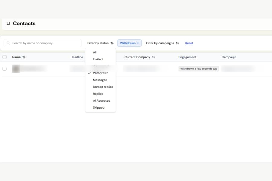 Filter your contacts down to withdrawn invitations screenshot