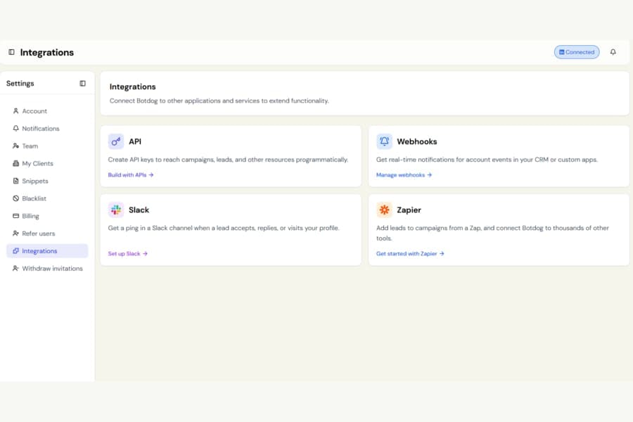 A cleaner Integrations page screenshot